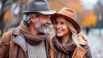 Wall Mural - An older man and a young woman share a warm and genuine smile while strolling through a park, the vibrant hues of autumn leaves creating a picturesque backdrop