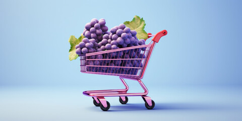 Wall Mural - Pink Miniature Shopping Cart Full Of Purple Grapes On Blue Background. Organic Nourishment. Generative AI