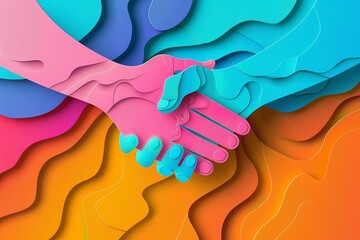 Wall Mural - Simple yet vibrant vector paper cut handshake design, using a maximum of five colors, ideal for Friendship Day celebrations