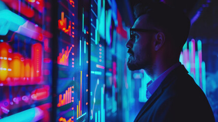 Wall Mural - Businessman looking at market data on monitor. Analyzing financial growth, forecasting economic success. Man in suit working on business strategy, researching global economy.