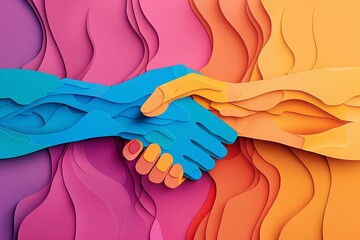 Wall Mural - Playful vector paper cut handshake illustration, limited to five colors, perfect for Friendship Day greeting cards