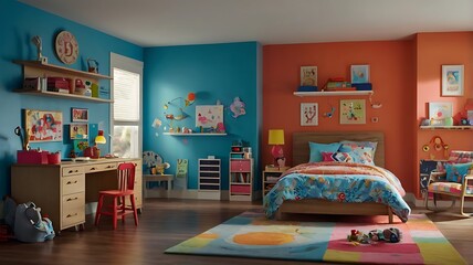 Newly renovated kids' bedroom. On one side, depict the old bedroom with outdated furniture and decor, showing wear and tear.