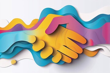 Wall Mural - Bright vector paper cut illustration of a handshake, limited to five harmonious colors, symbolizing happy friendships for Friendship Day