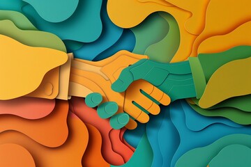 Wall Mural - Modern vector paper cut design of a handshake, with a five-color palette, celebrating Friendship Day