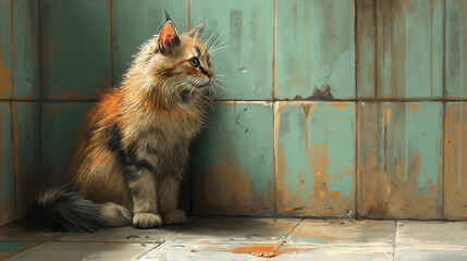 Wall Mural - A cat is sitting on a dirty wall