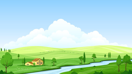 Wall Mural - beautiful summer landscape of a green valley with hills, trees and bushes. country house near the ri