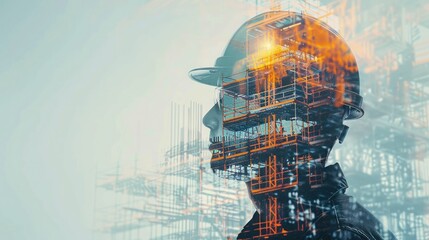 Wall Mural - Double exposure graphic design of a building engineer superimposed with a blueprint and construction site, showcasing architectural expertise