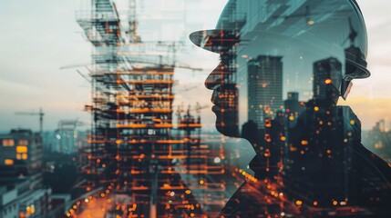 Canvas Print - Double exposure of a building engineer and construction site, highlighting the hands-on involvement in overseeing building projects