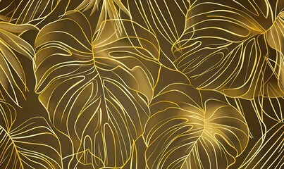 Abstract art line drawing of monstera plant gold wallpaper