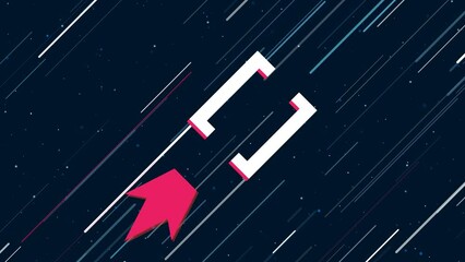 Wall Mural - Square brackets symbol flies through the universe on a jet propulsion. The symbol in the center is shaking due to high speed. Seamless looped 4k animation on dark blue background with stars