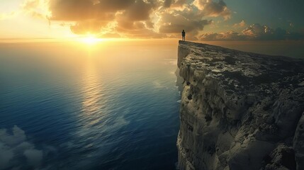 A person standing at the edge of a cliff, overlooking a vast ocean at sunrise, symbolizing new beginnings and opportunities