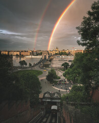 Wall Mural - Rainbow over the famous Chain Bridge in Budapest, Hungary