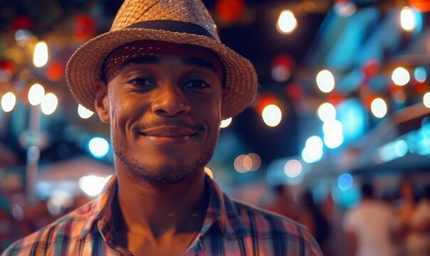 Portrait  smiling Brazilian young man in a plaid shirt and straw hat on the background of a festive celebration party Festa Junina. Summer, night, street city,  Garland. Traditional holiday concept.