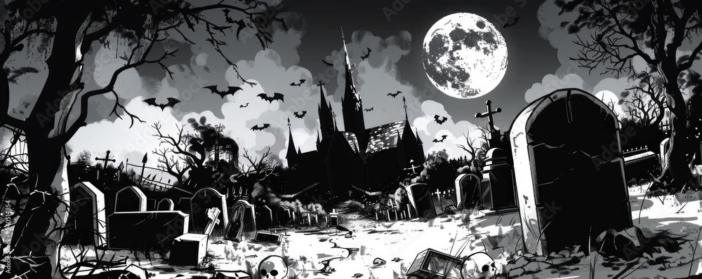 Spooky graveyard scene under a full moon with bats flying around ...