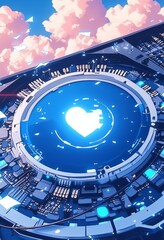 Aufkleber - Futuristic circuit board with glowing heart symbol, surrounded by technological elements, against a backdrop of pink clouds.