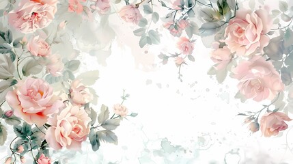 Wall Mural - Soft rococo watercolor rose flowers texture pattern illustration poster background