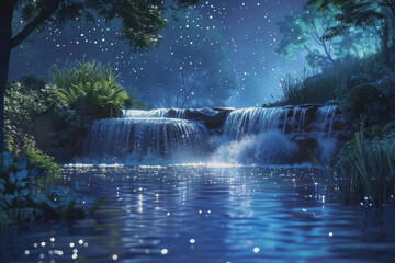 Wall Mural - The natural river flowing at night has beautiful starlight reflections. nature background.