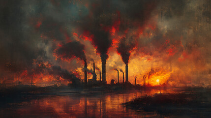 Wall Mural - A painting of a factory with smoke and fire in the background