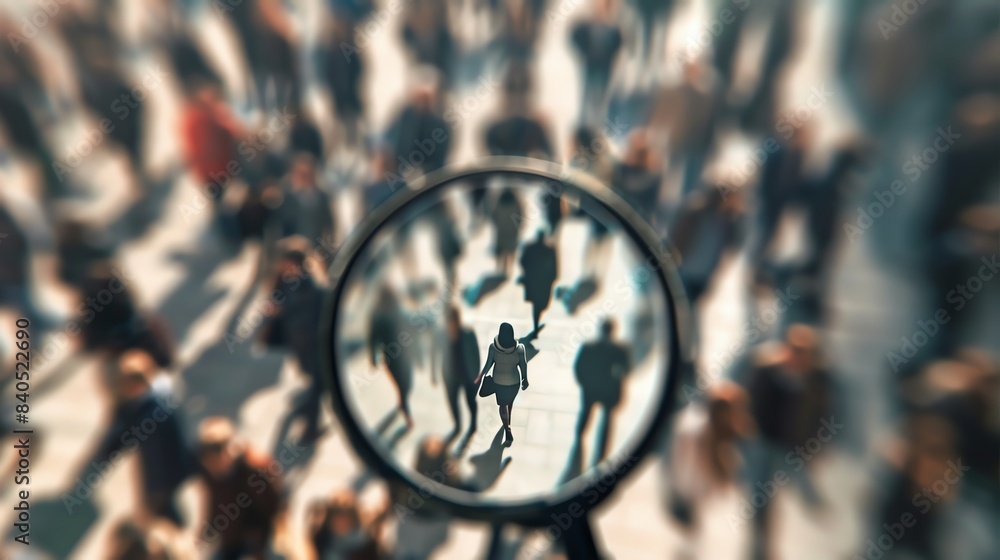 Crowd of people with a focused magnifying glass emphasizing one person ...