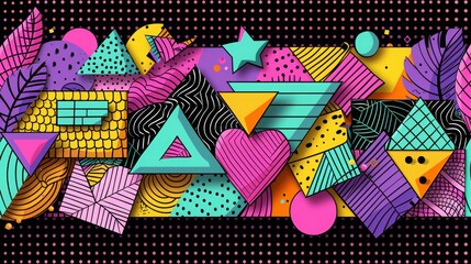 Colorful isometric shape and geometric shape with dots in dark background, colorful geometric memphis in 80s style
