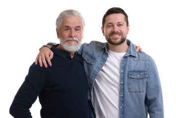 Wall Mural - Happy son and his dad on white background