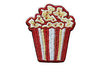 colorful embroidered popcorn patch in a classic red and white striped design, perfect for clothing o