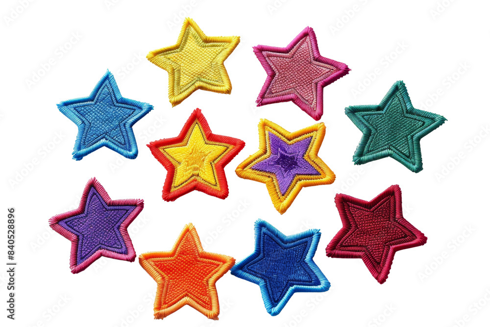 Colorful fabric star patches in a variety of bright colors arranged in ...
