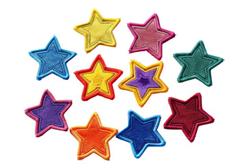 colorful fabric star patches in a variety of bright colors arranged in a cluster. ideal for crafts, 
