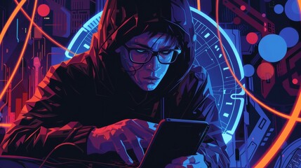 An attacker or phone scammer in a hood hacks at his computer and mobile phone in a dark room. He uses malware on the phone to access devices. He stands behind a neon-lit room using a PC.