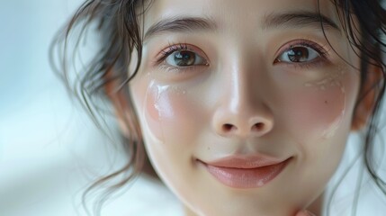 A portrait of a beautiful Asian woman with bright skin who has good health. She is smiling with confidence and a charming face while touching her well cared skin.