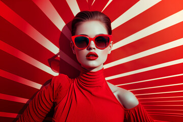 A highly stylized portrait in red and white, showing a woman in fashionable attire with sunglasses