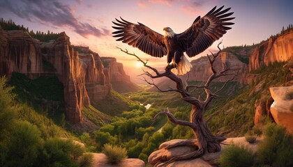 Eagle 19 with outstretched wings sits on a dry tree in a canyon against a background of rocks in the morning during sunrise