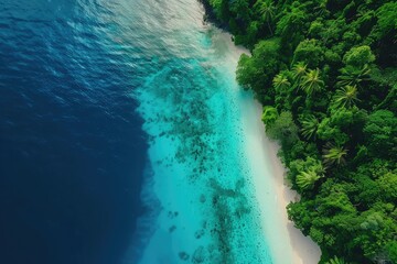 Wall Mural - Beach with beautiful coastline. Aerial view of tropical paradise with turquoise waters, green palm trees, white sand beach and coral reefs