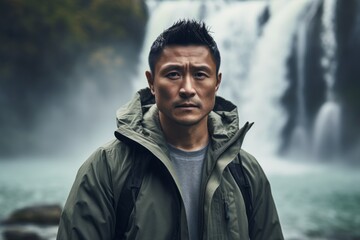 Wall Mural - Portrait of a merry asian man in his 40s sporting a comfortable hoodie in front of backdrop of a spectacular waterfall