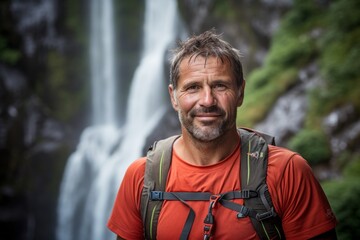 Wall Mural - Portrait of a satisfied man in his 40s sporting a technical climbing shirt while standing against backdrop of a spectacular waterfall