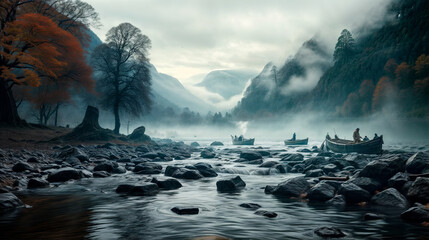 Wall Mural - misty morning in the river and the mountains created with Generative AI technology