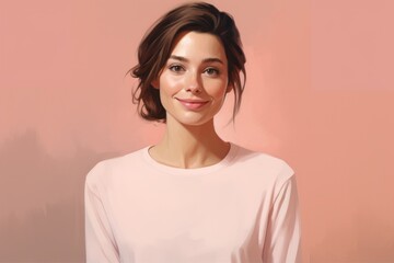 Wall Mural - Portrait of a glad woman in her 20s sporting a long-sleeved thermal undershirt isolated on pastel pink background