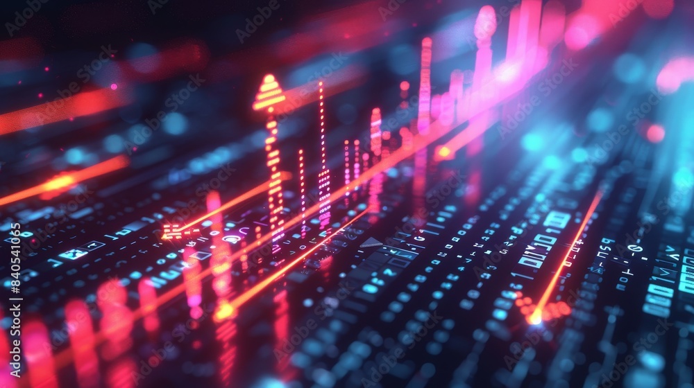 This arrow chart illustrates the digital transition abstract technology. Big data and company expansion, as well as supply and demand.