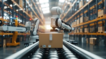 Poster - Robot arm grabbing cardboard box on roller conveyor rack with storage warehouse background