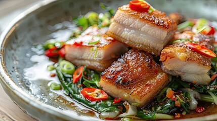 Wall Mural - Plate of delicious featuring crispy pork belly and fresh stir-fried morning glory