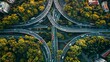 © Антон Сальников - From an aerial view, an aerial top view shows a multilevel junction ring road with motorway interchanges, generating artificial intelligence
