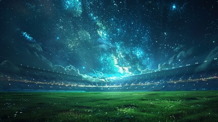 the illumination, green grass, and night sky of a soccer stadium are created by generative artificia