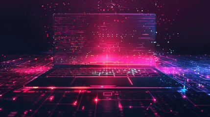 A laptop screen with code and programming language. The company logo and laptop icons. Process of software development and generative artificial intelligence.