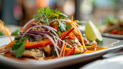 traditional thai dish, served on a white plate, with vibrant colors and fresh ingredients