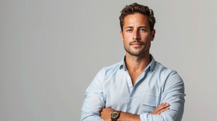 Wall Mural - On a white background, a handsome businessman stands with his arms folded.