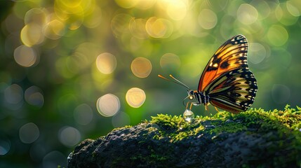 Wall Mural - Tropical butterfly on mossy rock, sipping droplets, with forest bokeh and sunlight highlighting wings.