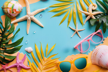 Summer beach background with leaves, sand and sunglasses