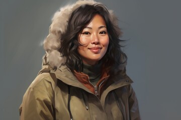 Wall Mural - Portrait of a merry asian woman in her 40s wearing a warm parka on pastel gray background