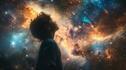 Wall Mural - A young astronomer watches galaxies and constellations as it shines in the night sky.