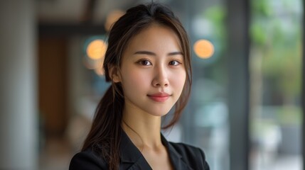 Beautiful Chinese woman, age 30, standing in an office with a confident smile on her face